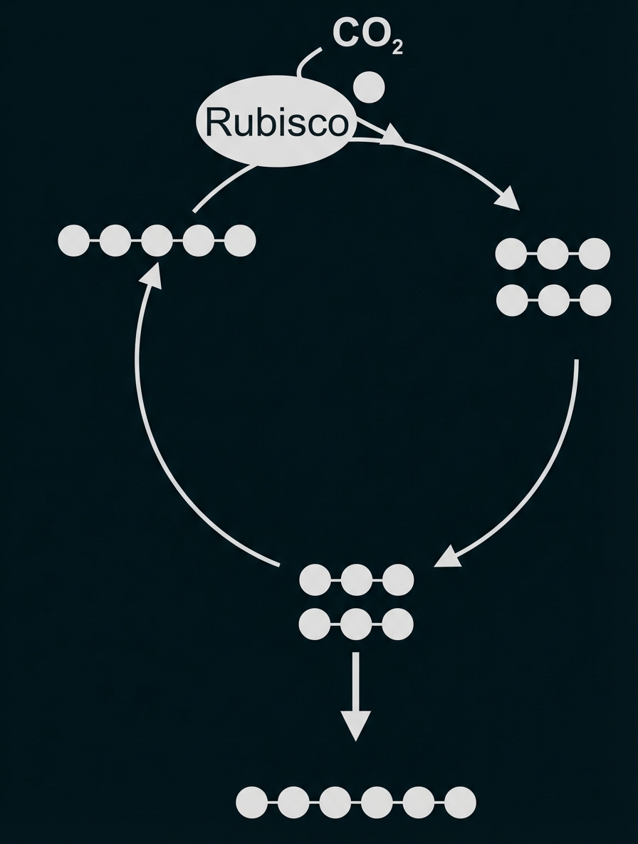 Schematische Darstellung des Calvin‑Zyklus mit Rubisco, CO2 und Bildung von Zuckermolekülen.